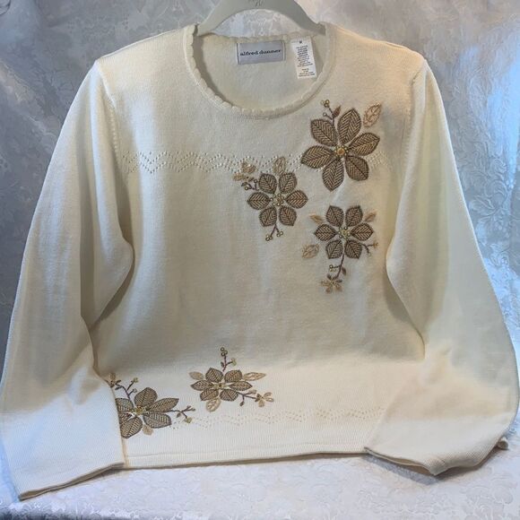 Alfred Dunner Sweater Medium Beige Flower Sequins Beads Accents Woman’s Used - Picture 1 of 10